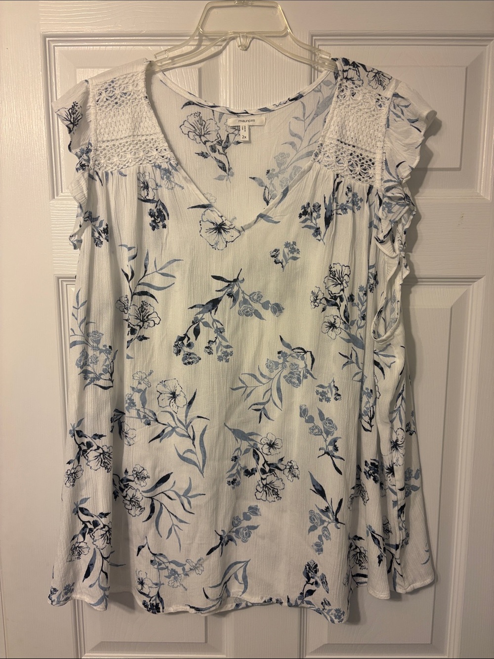 Maurice’s women’s Crochet Yoke Floral V-Neck Blouse - White with Blue Floral